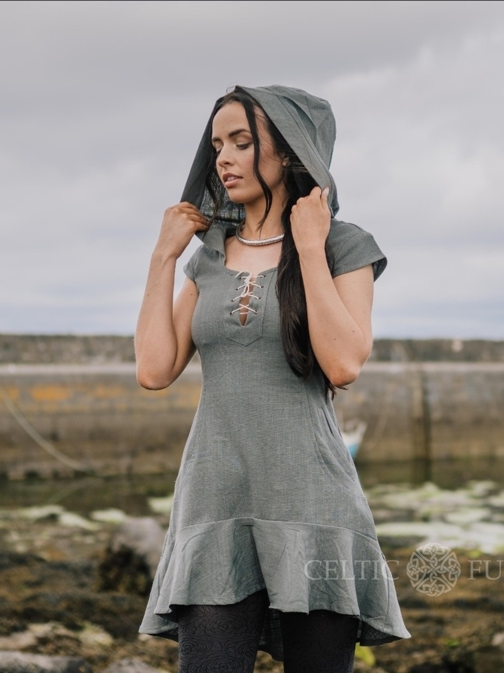 Hooded Lace-Up Tunic Dress in Indigo 100% Cotton